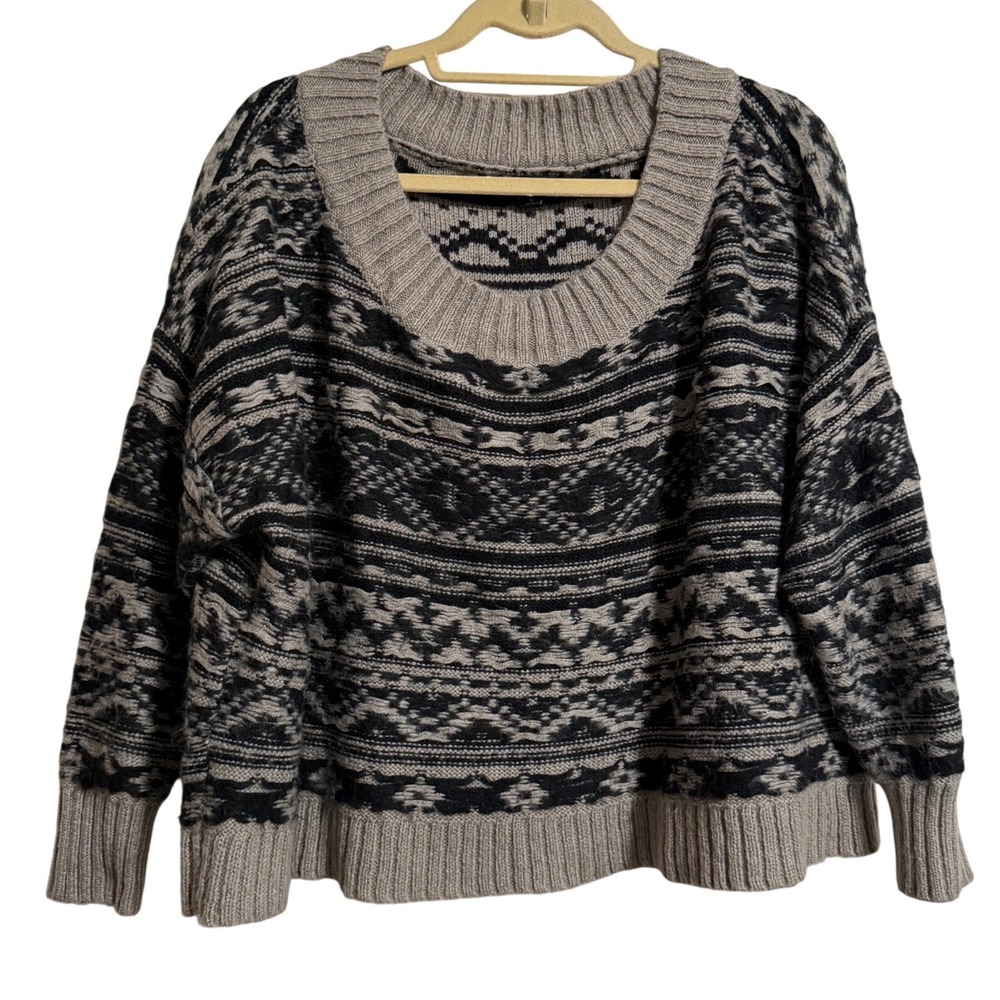 Trouve Womens Grey Black Geometric Fair Isle Scoop Neck Knit Sweater Size M
